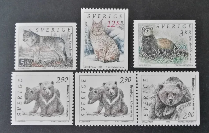 6 PCS, Sweden, 1993, Animals, Real Original Post Stamps, MNH