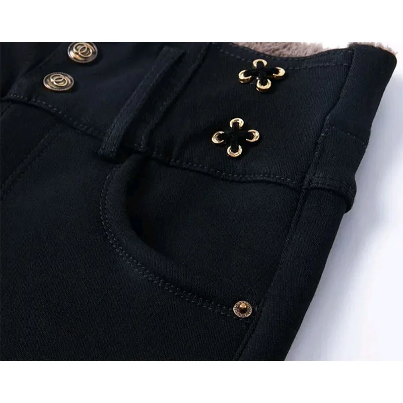 Korean Elastic High Waist Jeans with Arctic Plush Autumn Winter New Solid Button Zipper Fashion Slim Black Straight Pencil Pants