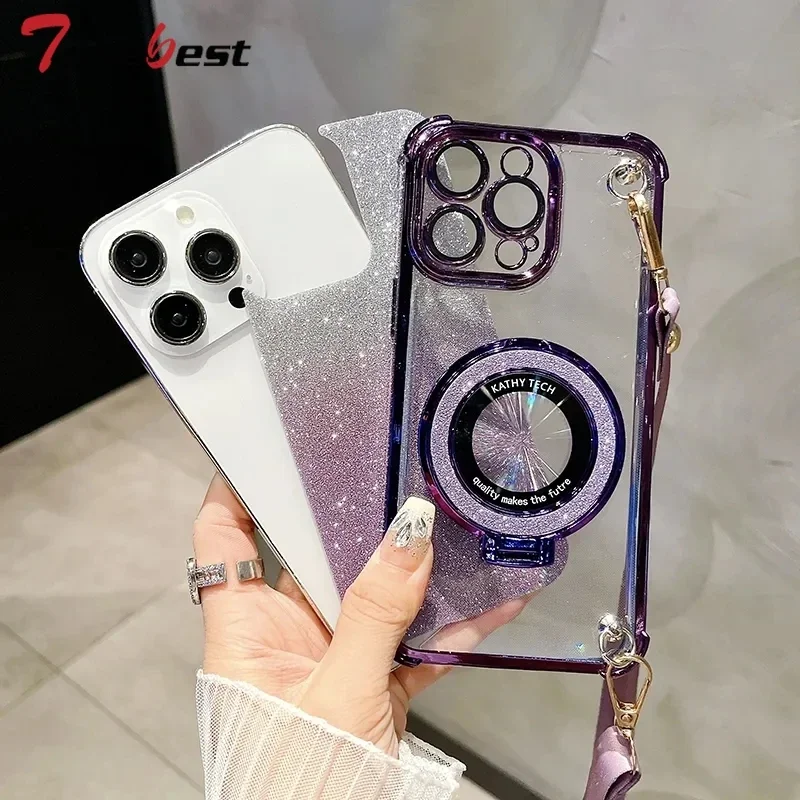 크로스 바디 끈 충격 방지 반짝이 도금 Magsafe 홀더 케이스 삼성 갤럭시 A16 A06 A15 A25 A35 A55 A14 A24 A34 A54 5G
