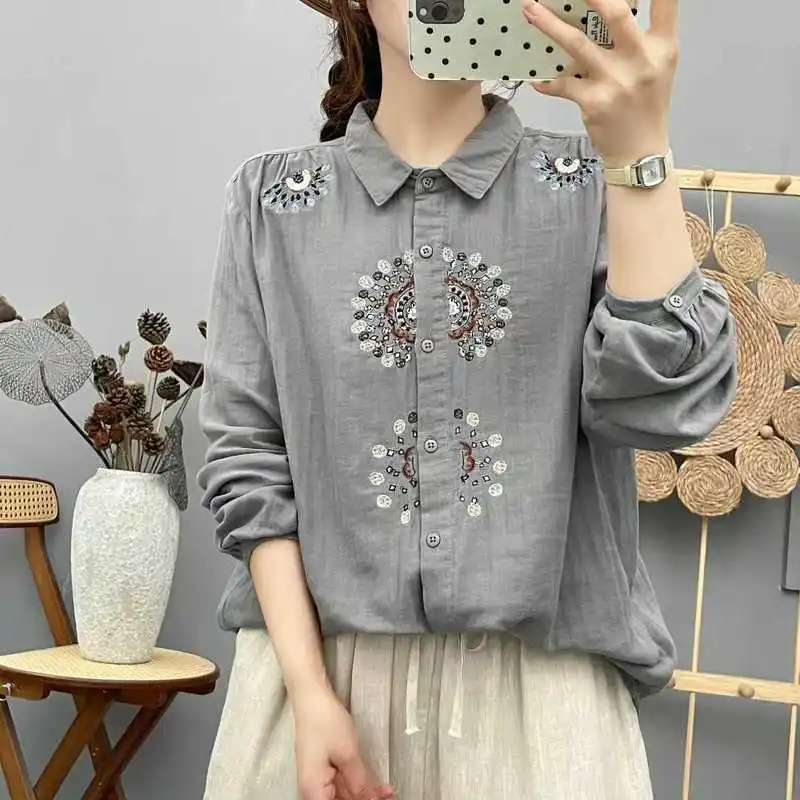 Camisas de algodón bordadas de estilo étnico para chica Mori Vintage japonés, blusa informal de manga larga con cuello vuelto para primavera y otoño para mujer