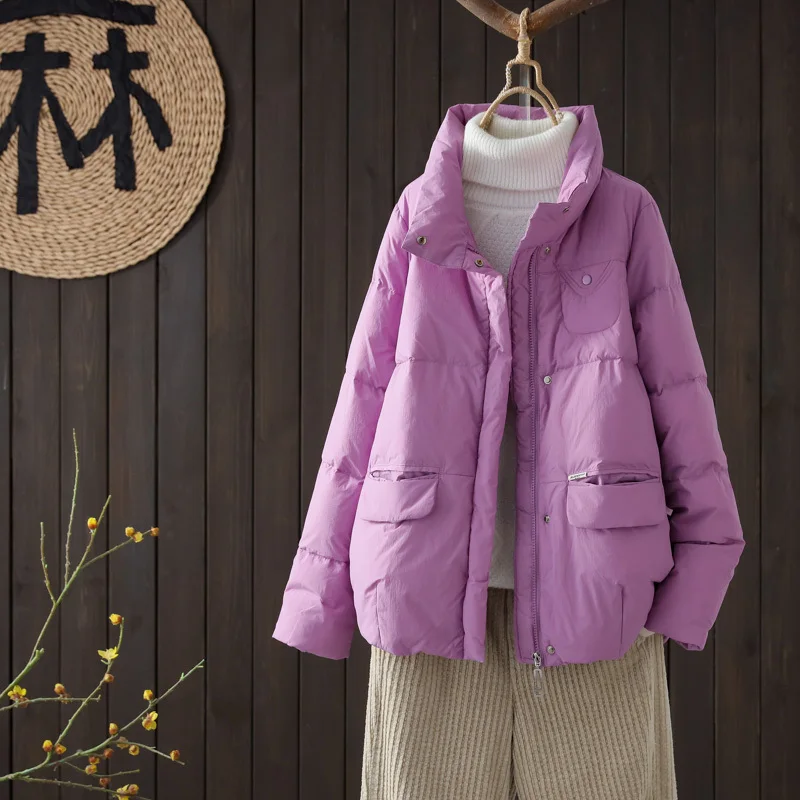 

Women White Duck Down Jacket Stand Collar Fur Autumn Winter Short Outwear Casual Loose Puffer Coat New