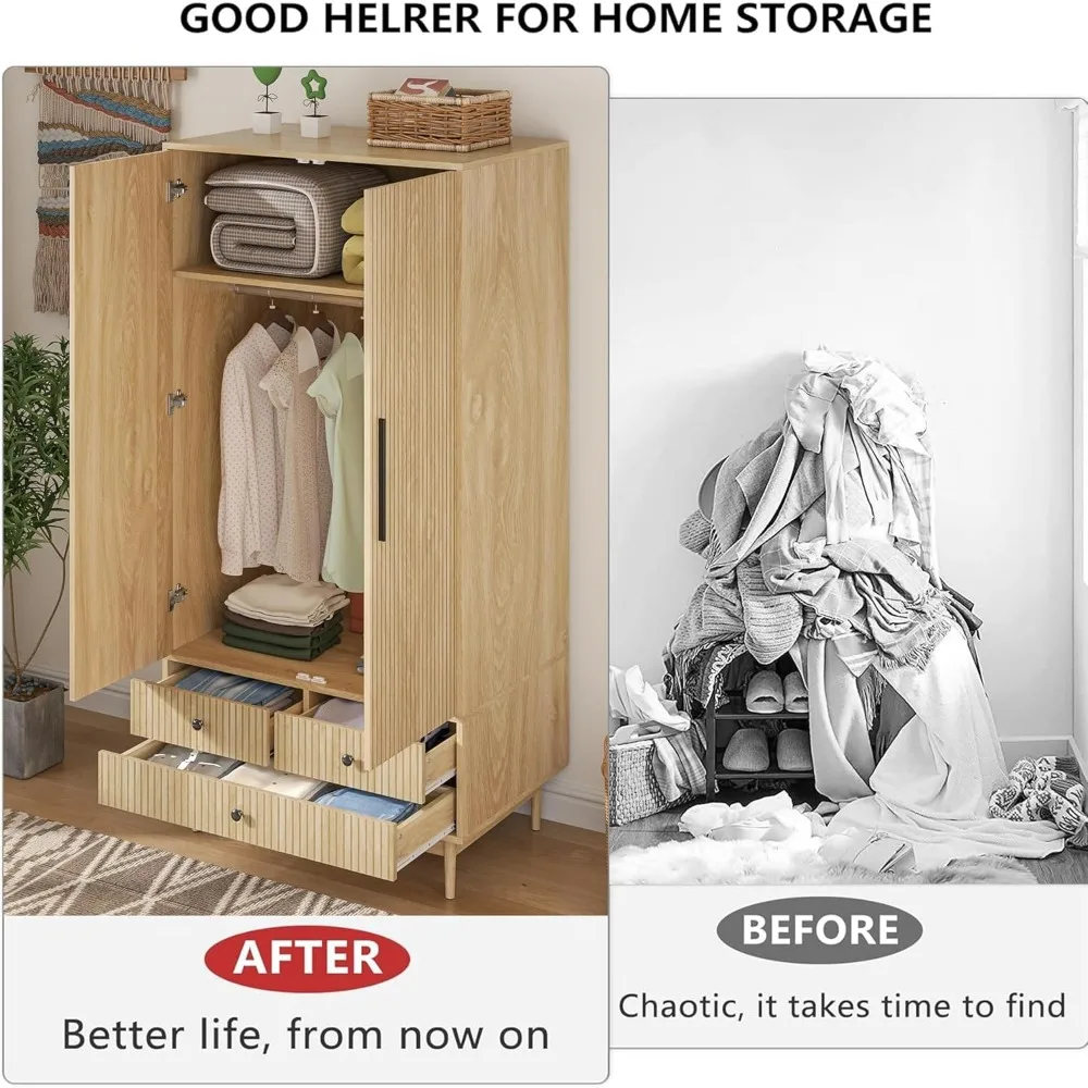 خزانة ملابس Armoire مع بابين مخددين، خزانة تخزين ملابس خشبية مقاس 46.96 بوصة مع قضيب تعليق وتخزين الرف، خزانة ملابس Ca