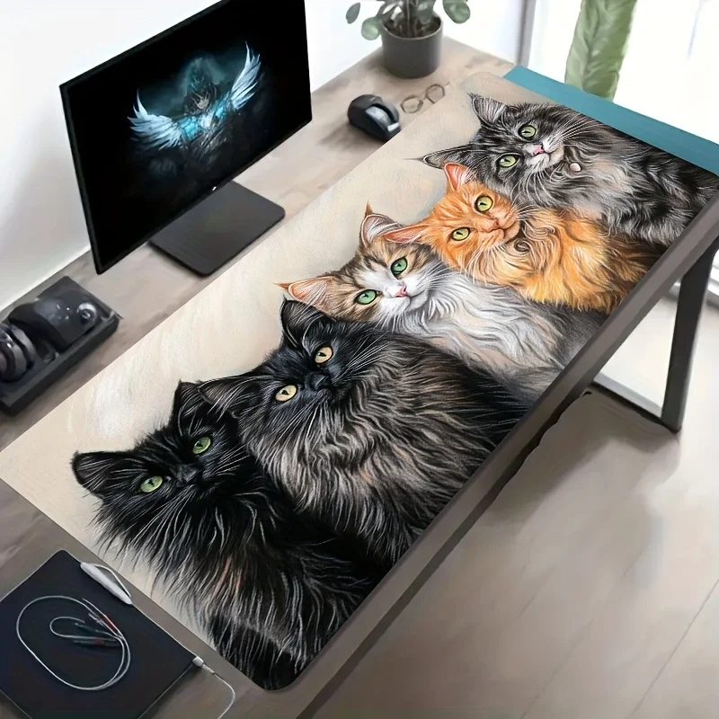 Four Fluffy Cats Art Extra Large Gaming Mouse Pad Non-Slip Rubber Desk Mat Office Decor
