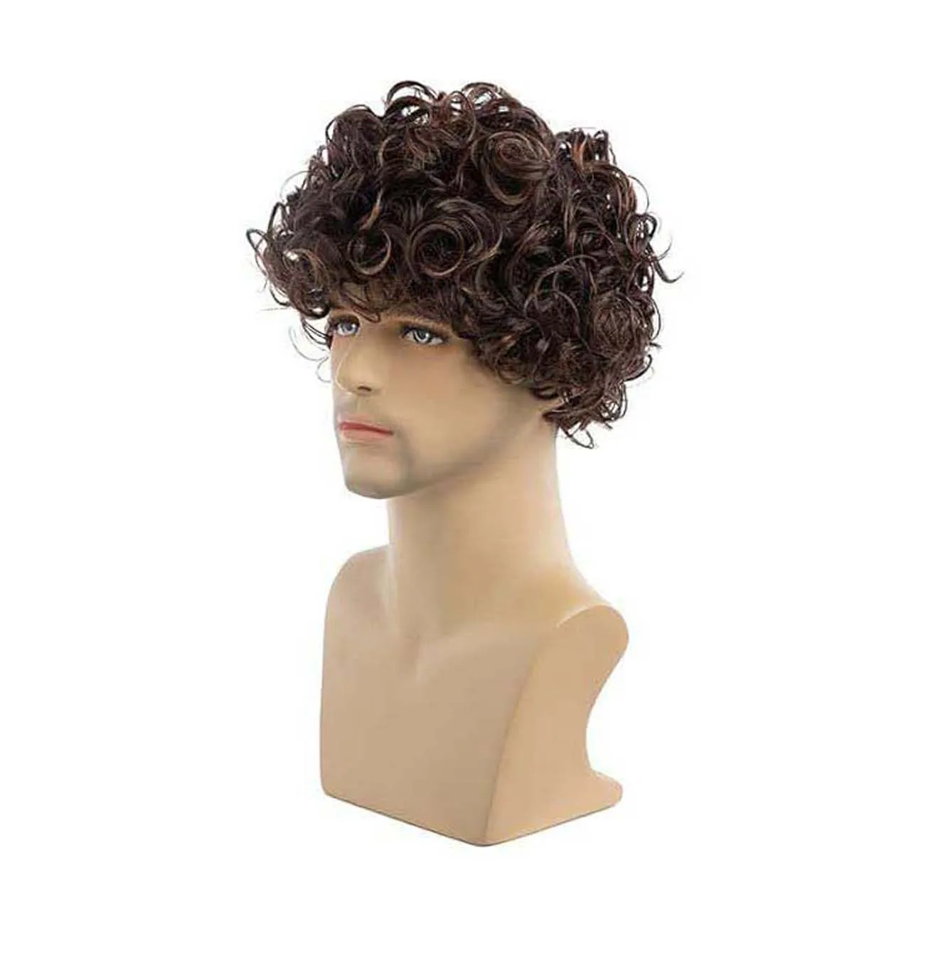 Men Synthetic Short Brown Wigs for Man Curly Hair Fluffy Wig with Bangs Heat Resistant Breathable Daily Wear Fake Ha