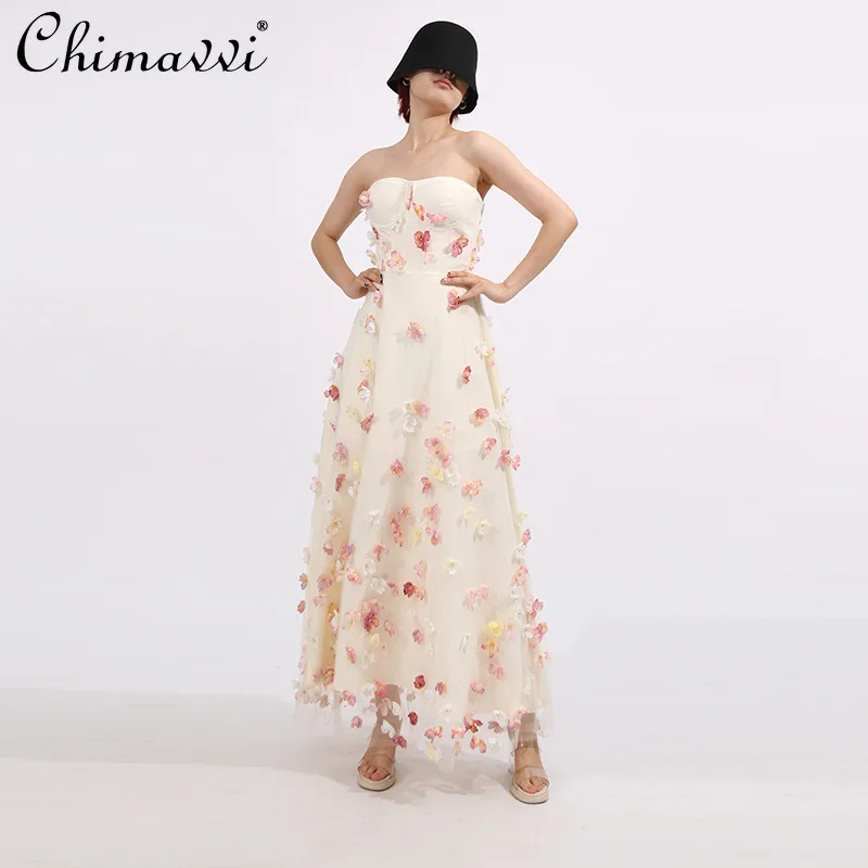

French Elegant High-end Long Summer Dresses Heavy Industry Mesh Beads 3D Flower Strapless High Waist A-line Evening Dress Women