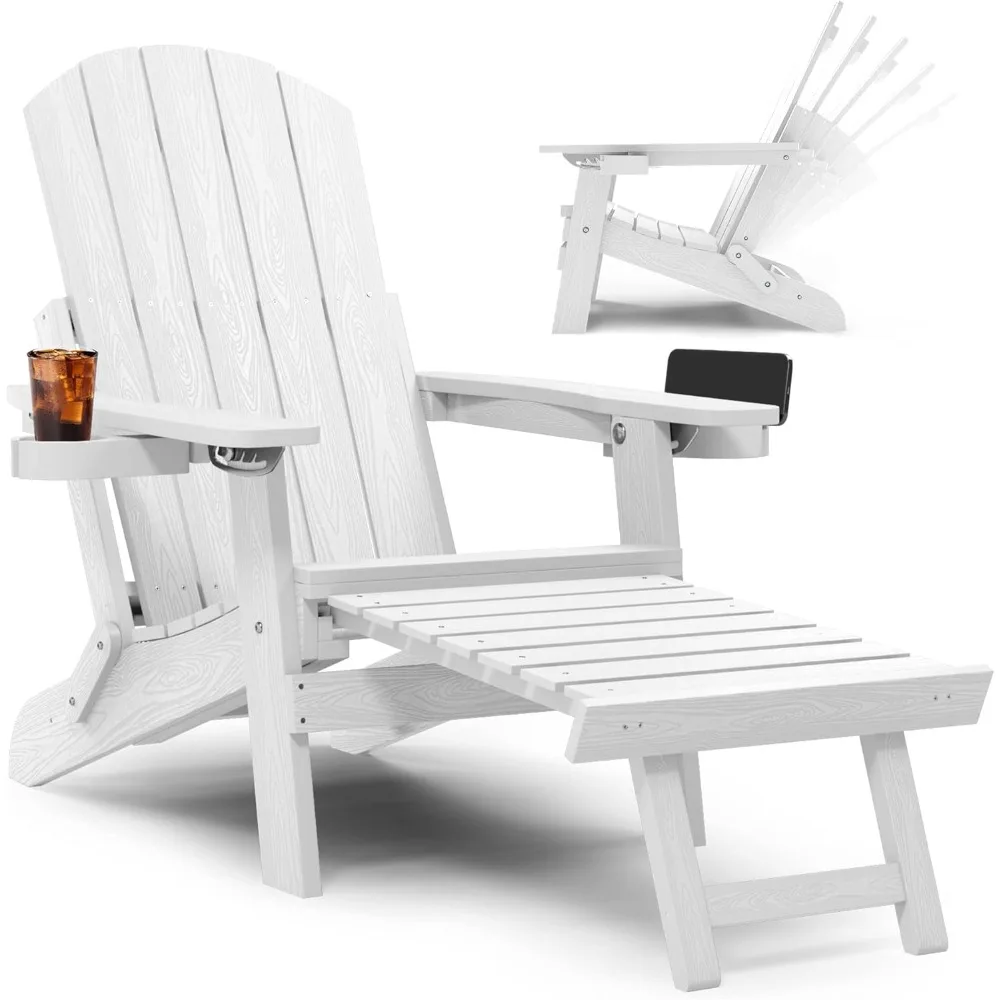 YEFU Adirondack Chair with Ottoman, Adjustable Backrest Adirondack Chairs, Folding Outdoor Fire Pit Chair with 2 Cup-Holders