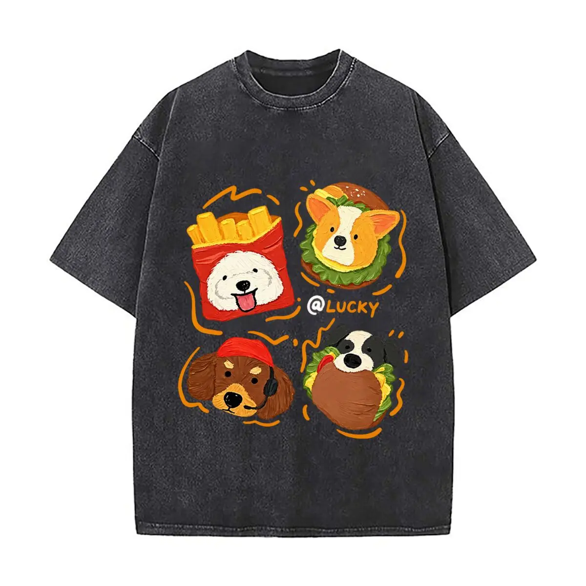 Lucky Dog Food Illustration Fries Burger Sandwich Four Dogs Washed Short Sleeve Loose Streetwear Tee Hip Hop
