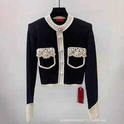 Luxury Pearls Beaded Knitted Cardigan Spring Hooked Flowers Crocheted Sweater Coat Jacket Knitwear Jumpers Contrast Color Tops