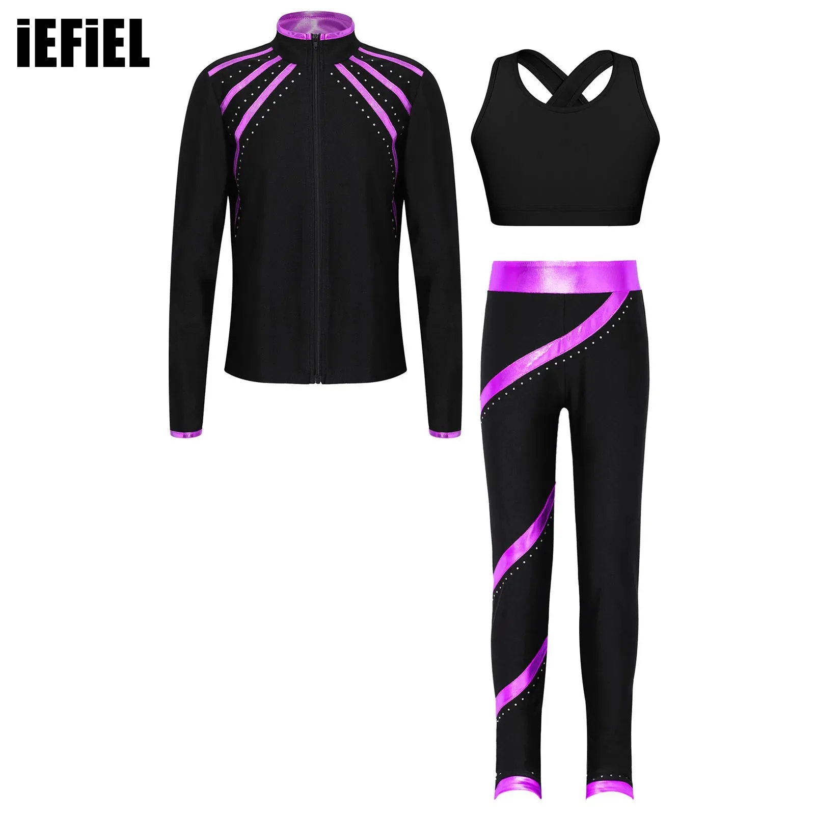 

Kids Girls Gymnastics Sports Set Stand Collar Zipper Outerwear with Sleeveless Crop Top And Shiny Rhinestones Pants for Skating