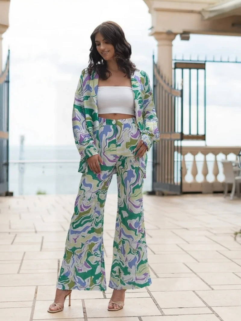 

Fashion Women's Print Shirts Trouser Suits Long Sleeve Turn-Down Collar Button Lady Sets 2025 Summer Fashion 2 Pieces Set Women