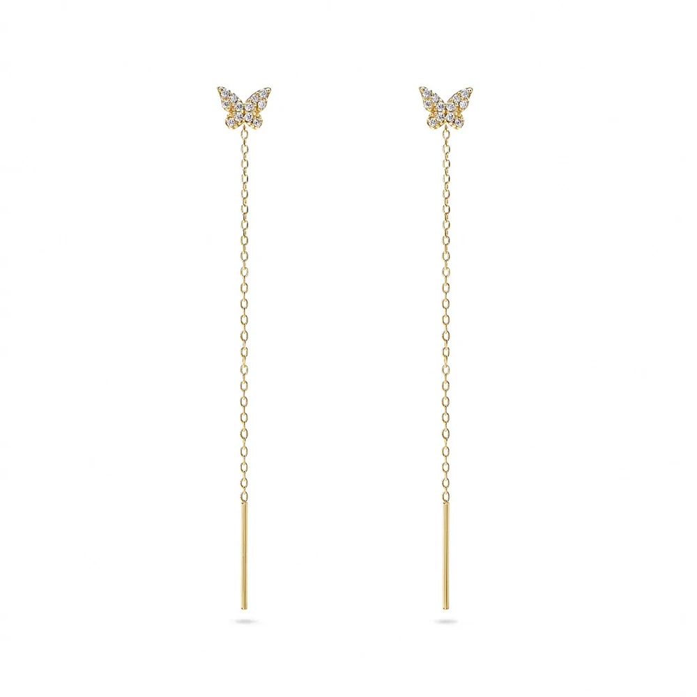 Aide 925 Sterling Silver Shiny CZ Zircon Butterfly Stud With Long Chain Tassel Pin Front Back Dangle Earrings For Women Party