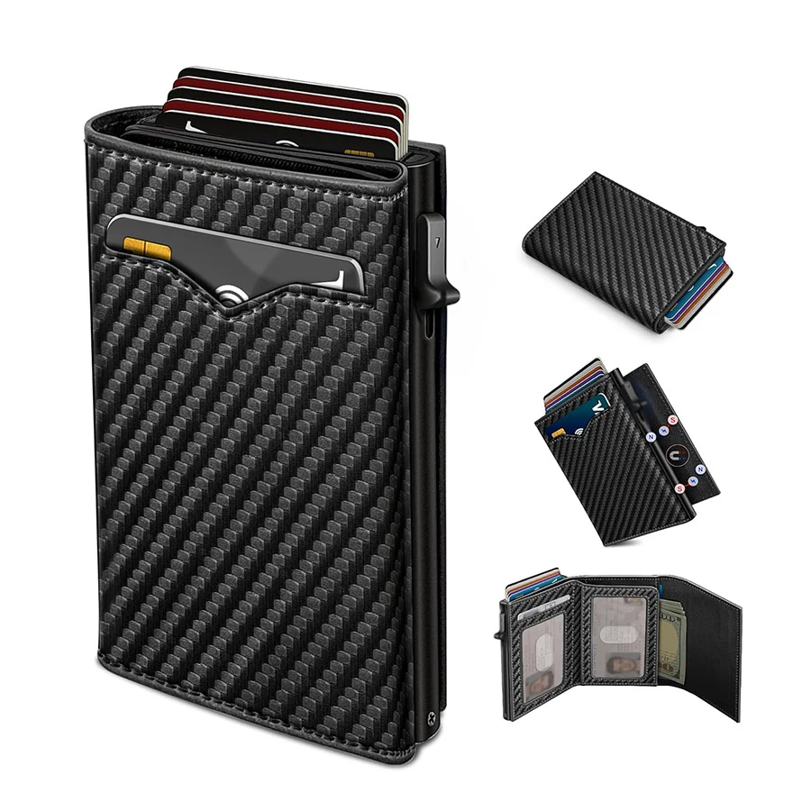 Carbon Fiber Microfiber Leather Pop Up Wallet For Men, RFID Blocking Credit Card Holder With Clear ID Window Cash Pocket