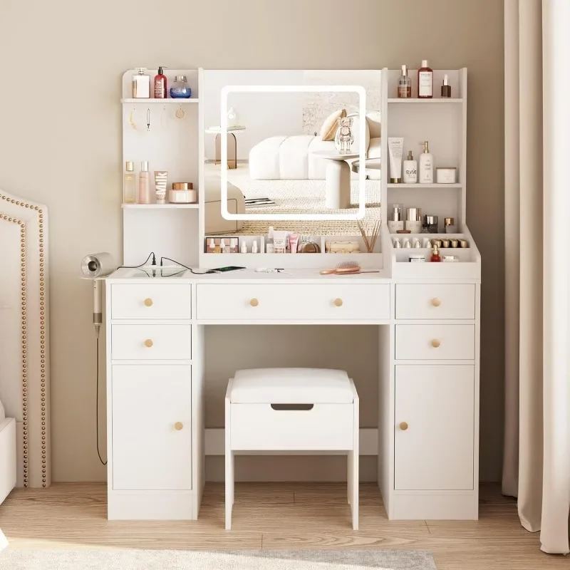 

Vanity Desk with Lights, Makeup Vanity Table with Charging Station, 44.9in Big Vanity Set with 5 Drawers & Lots Storage Space