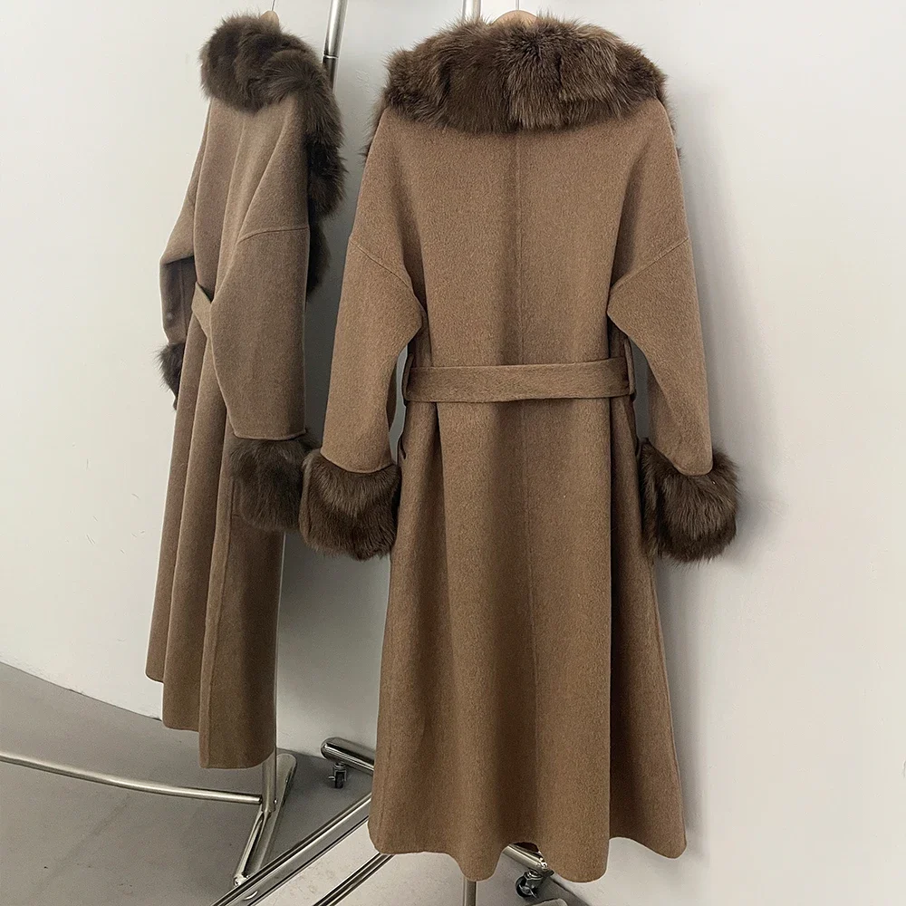 Casaco de lã superior roupas longas quente gola de pele de raposa real e punhos feminino novo outono inverno casacos de pele natural para mulher jaqueta de lã
