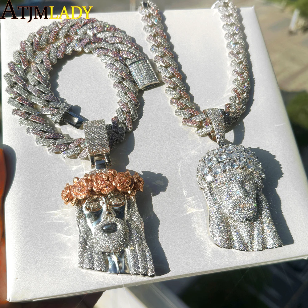 Ice Out Two Tone Color JESUS PIECE Pendants Necklaces Bling CZ Paved Pink White Cuban Chain for Men Boy Hip Hop Jewelry