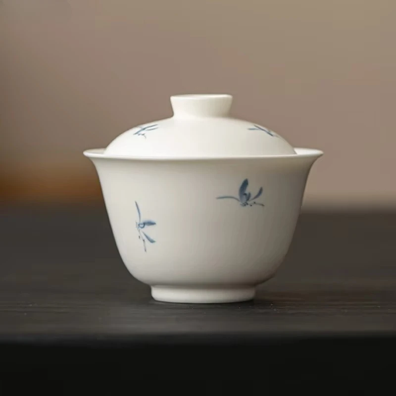 Matte White Hand-painted Autumn Orchid Ceramic Covered Bowl Teacup White Porcelain Gaiwan with Lid