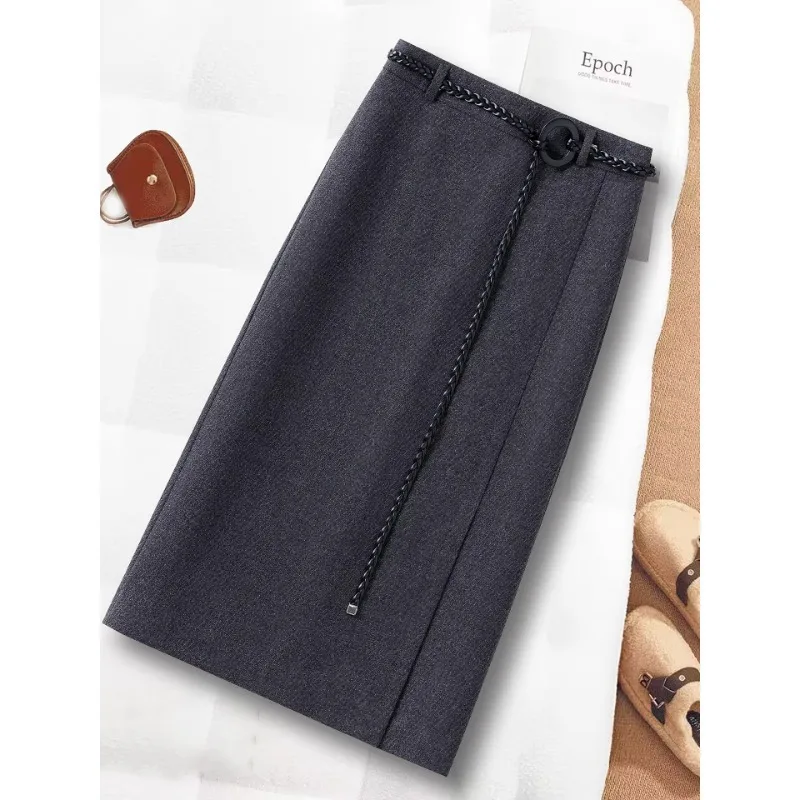 

High-end Woolen Midi Skirt for Women, and Winter Elegant Straight Suit Skirt, Mid-length Slimming Bodycon Skirt