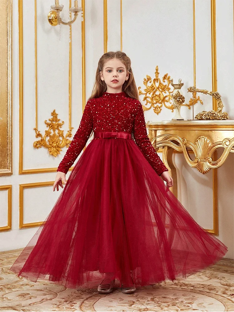 Wedding Flower Girl Shiny Floor-length Evening Dress Girl Banquet Stage Birthday Party Luxury Evening Dress Prom Gown