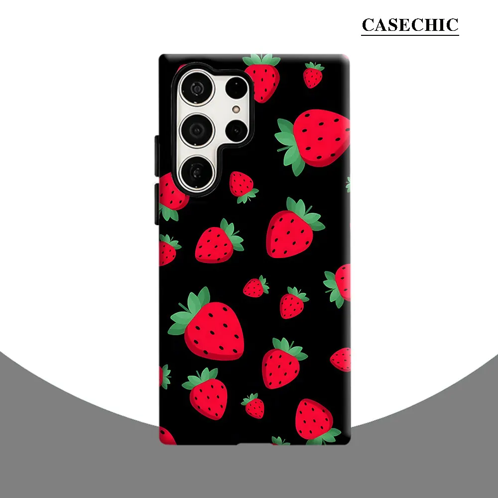 Strawberry Black Background Phone Case for Samsung Galaxy S26 S25 Ultra S24 S23 Ultra Plus Shockproof Double layer Back Cover