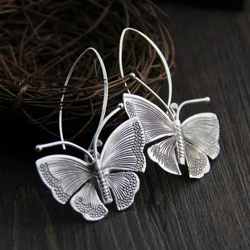 

Vintage Hand Carved Butterfly Dangle Women's Earrings Silver Color Metal Geometry Daily Wear Party Jewelry Anniversary Gift