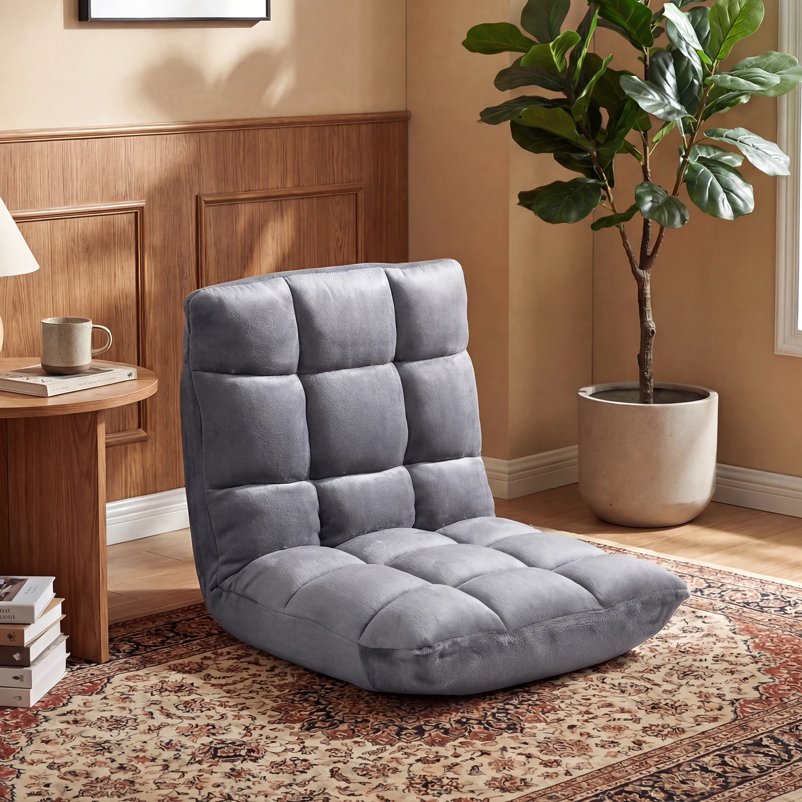 Adjustable 14-Position Floor Chair Folding Lazy Gaming Sofa Chair Cushioned Gray