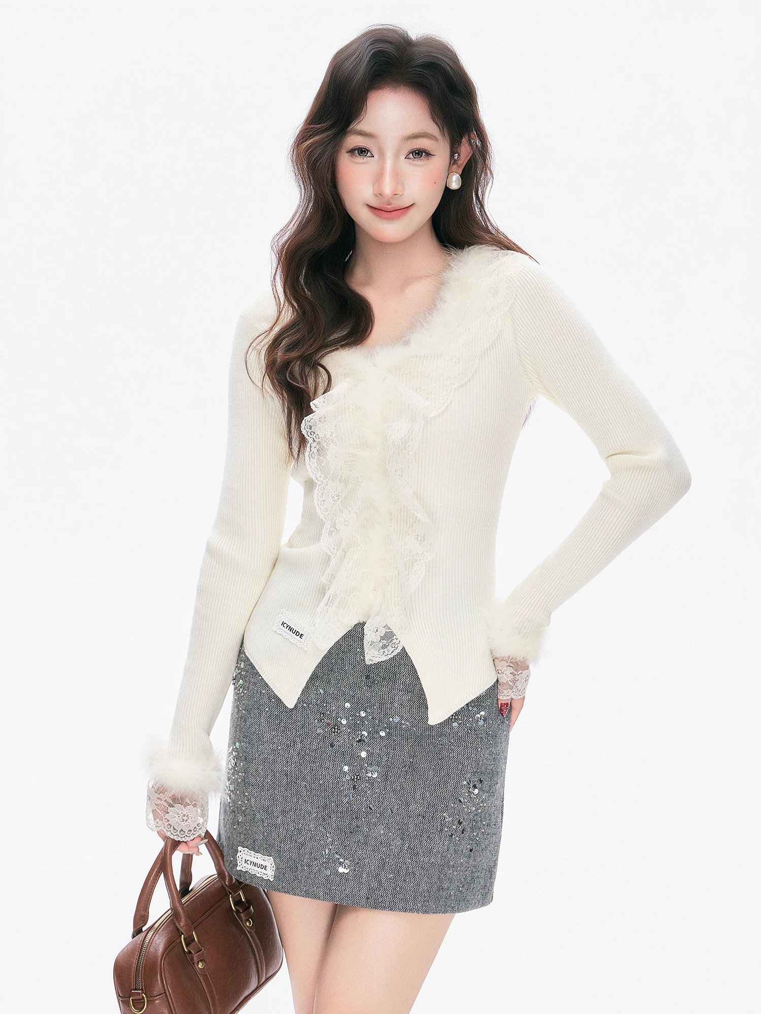 

Sweet Knitted Lace Insert Waist Cinching V-Ne Base irt Women's Cotton Nylon Long Sve Regular Length IcyNude Base Top