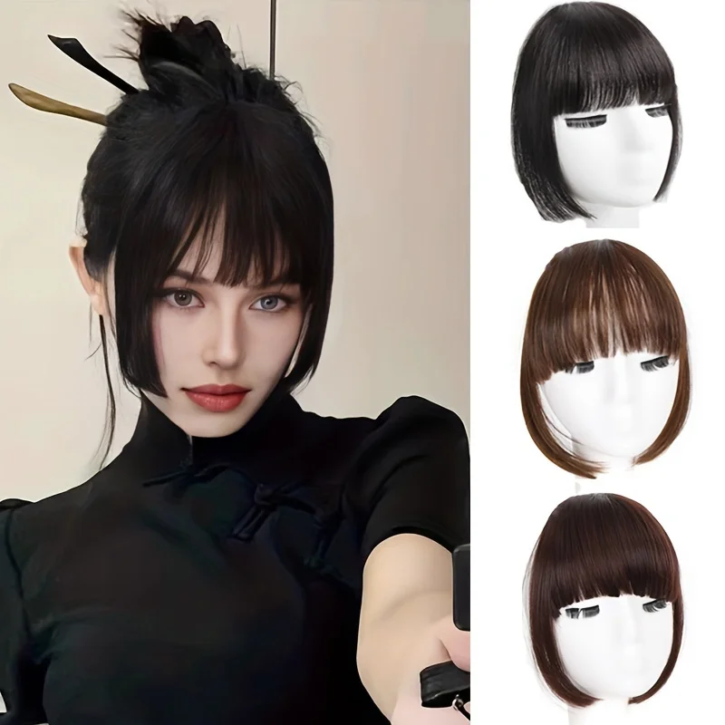 

Synthetic Princess cut hair Piece Fringe with Temples Flat Neat Bangs Hair Extension Clip on Bangs for Women
