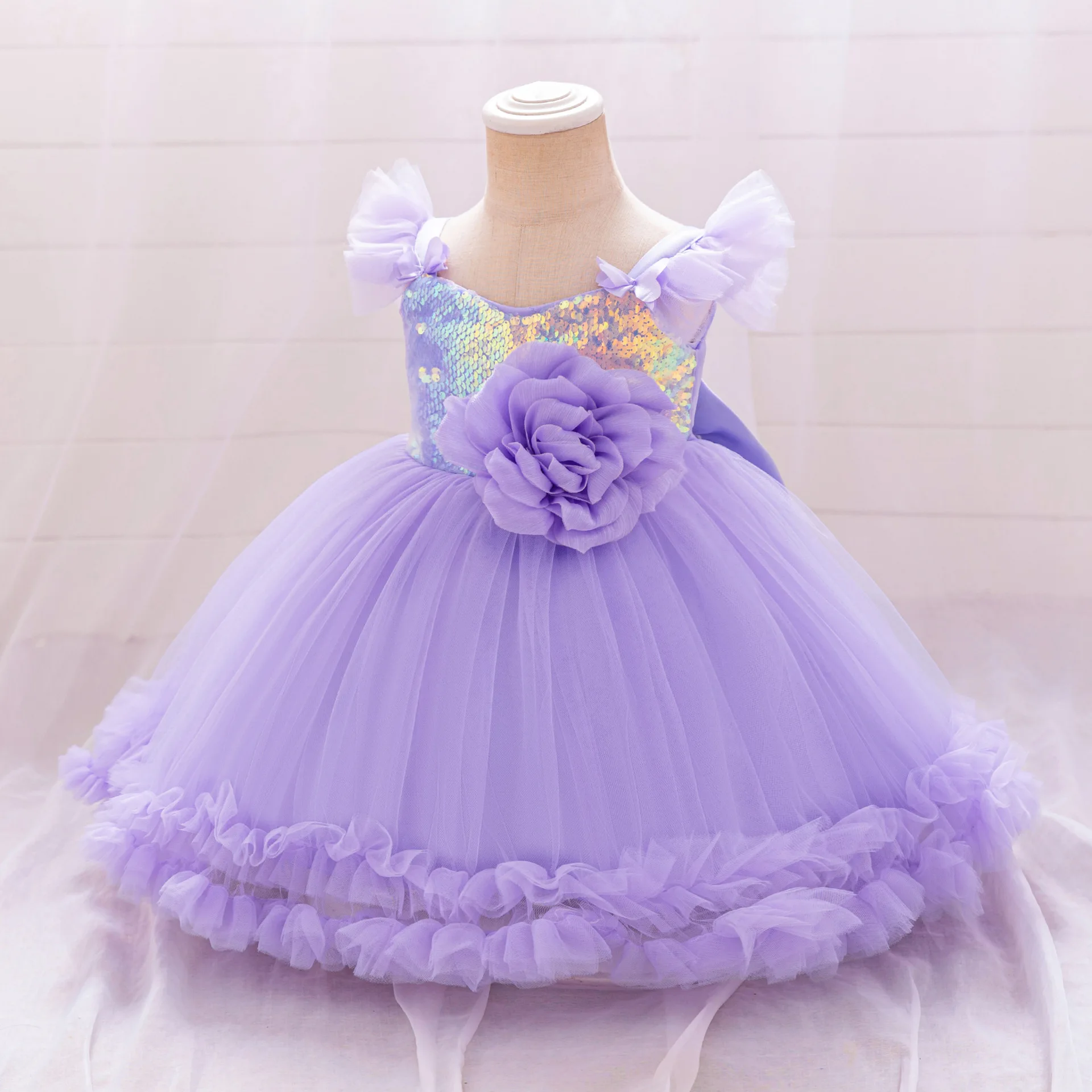 Baby Sequin Big Flower Party Dress Girls Lace Fluffy Birthday Princess Gown Kids Fashion Evening Clothing Girl Summer Costumes