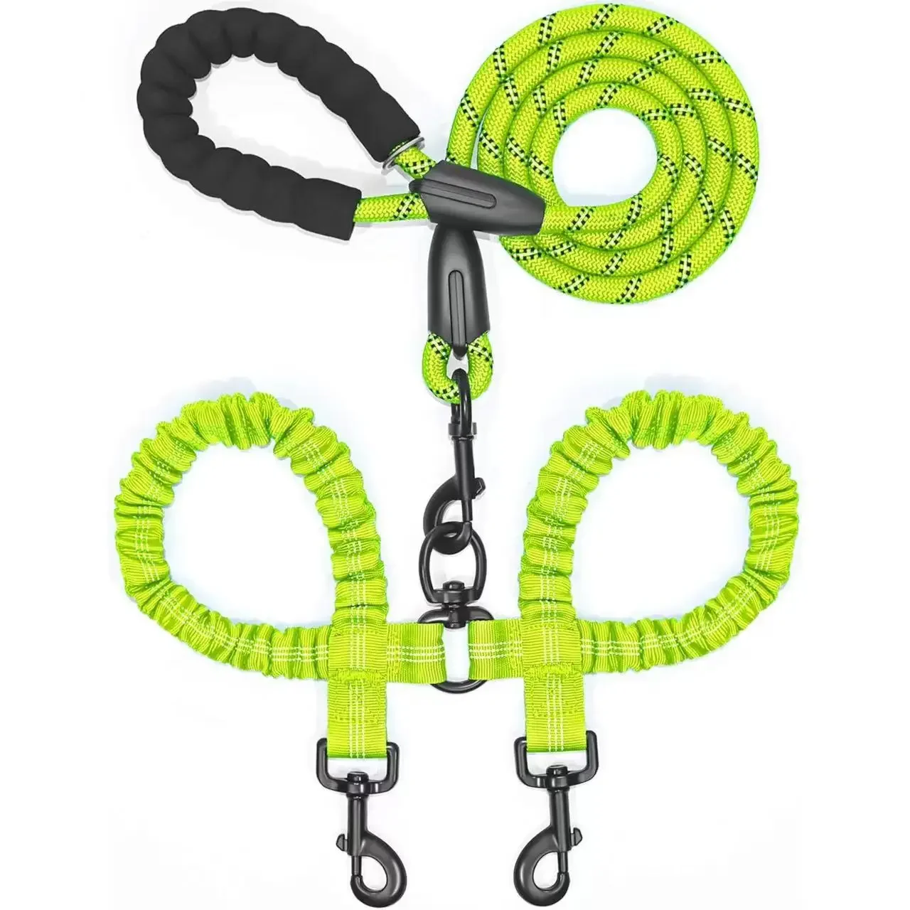2026 Dual Dog Leash 360° Swivel Anti-Tangle Shock Absorbing Bungee Walking Lead Soft Handle Rope for Two Medium Large Dogs