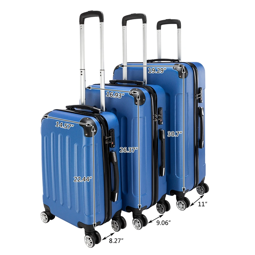 Valise à roulettes portable en ABS, ensemble de bagages élaborées, bleu foncé, 3 en 1, roues tournantes télescopiques Foy, 20 po, 24 po, 28 po