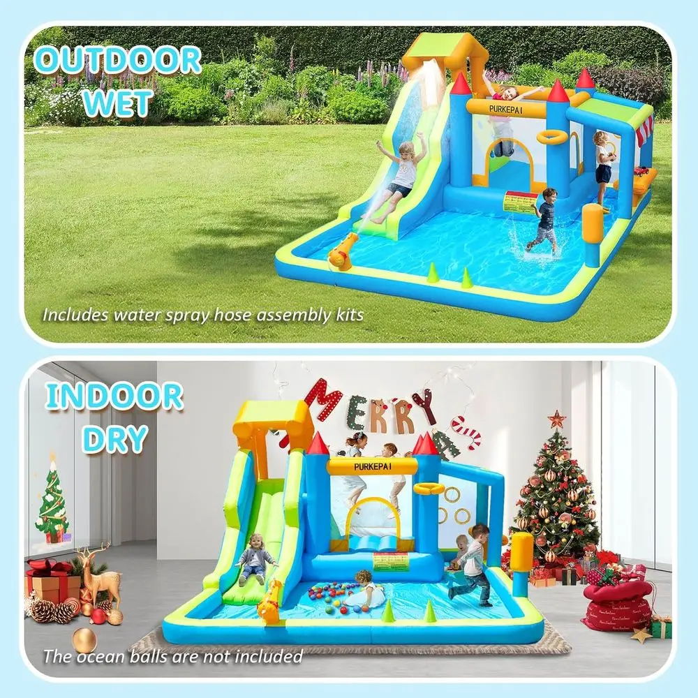 منزل Iatable Bounce للأطفال مع حامل سوق الألعاب، حامل سبلاش لحمام السباحة، جدار التسلق، مسدس الماء، كرة السهام، الترامبولين، بو