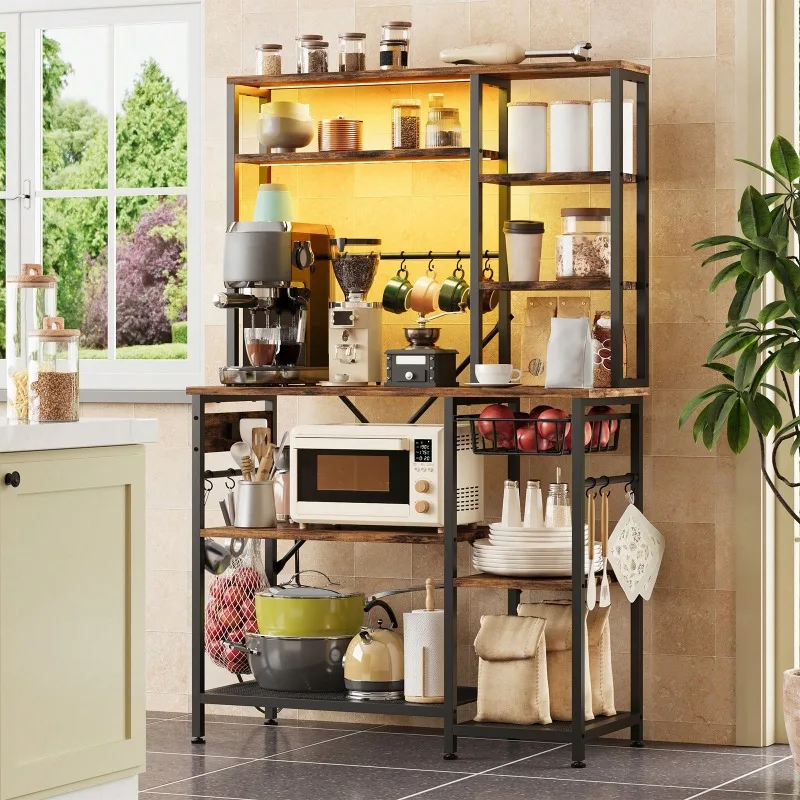 Microwave Oven Stand With Storage 4 6 Tiers, Coffee Bar Table With Tissue Holder, Kitchen Storage Shelf Rack For Kitchen, Entryway, Living Room, Rustic Brown Black