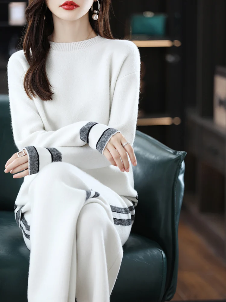 Autumn New 100% Pure Wool Sweater Set Two Piece Loose Knitted Luxury High end Wool Sweater Pants [No Returns Supported]