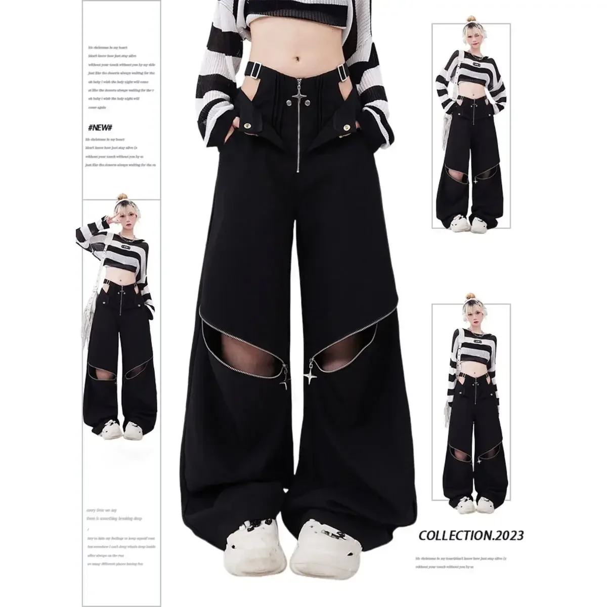 Women Y2K Fashion Cargo Sweatpants Hollow Out Zipper Design Black High Waist Baggy Wide Leg Casual Sport Street Trousers