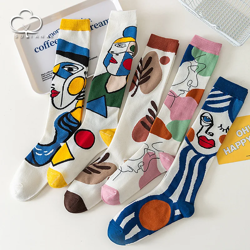 

Осень-зима Ins модные женские градиентные полосатые красочные носки до середины икры в стиле ретро хлопковые мягкие спортивные женские повседневные носки с высокой трубкой