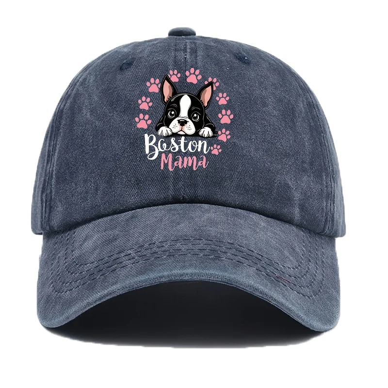 Boston Terrier Pink Paw Print Women's Baseball Cap, All-Season, Women's Fashion Animal Print Outdoor Casual Headwear, Suitable f