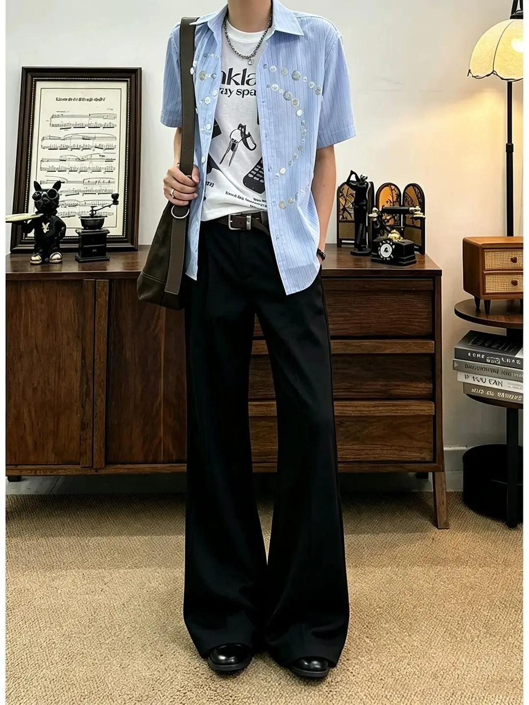 Black Slimming Straight Leg Suit Pants Men's Enhanced Waist Micro Flared Long Leg Lightweight Luxury Cleanfit Drapey Trousers