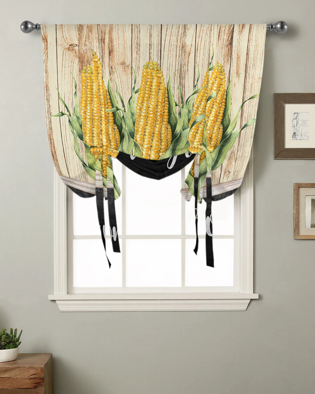 Vintage Farm Corn Wood Grain Kitchen Short Window Curtain Rod Pocket Curtains Home Decor Room Small Window Roman Tie Up Curtains