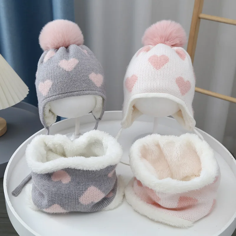 

Knitted Children Winter Hat Scarf Set Fleece Lining Warm Kids Baby Beanies Hat For Girl Ear Protection Pompom Toddler Cap 0-3Y