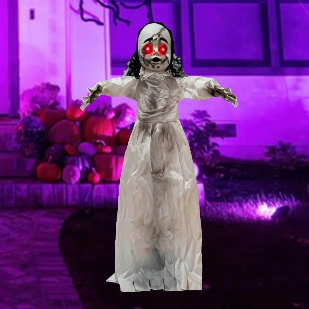 Glowing Eyes Walking Girl White Clothes Swing Hanging Ghost Voice-Activated Haunted House Prop Sound Activated White