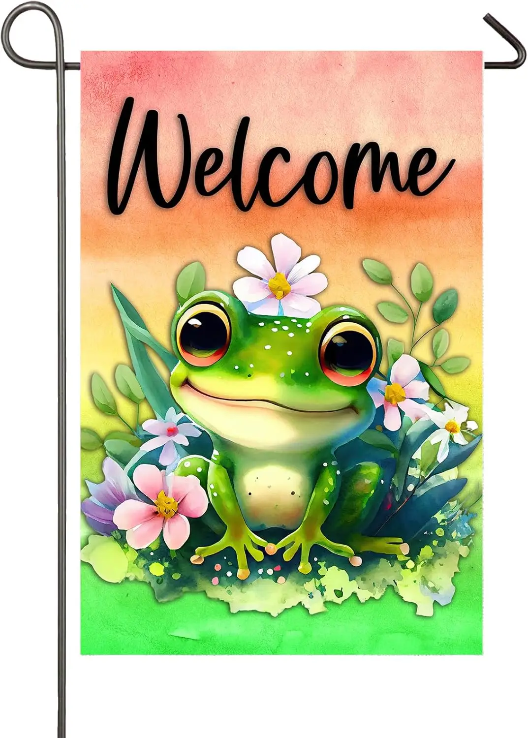 Cute Frog Welcome Garden Flag 12x18 Inch Double Sided Spring Summer Pond Yard Flags for Outside Vertical Burlap Banner Seasonal