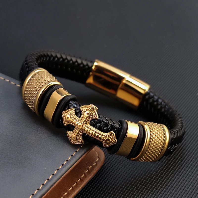 MingAo 2023 Fashion Vacuum Plating Gold Single Layer Cross Leather Bracelet Charm Bracelet Men\'s Hand Jewelry for Women