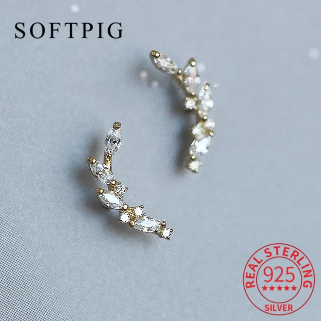 

SOFTPIG настоящее серебро 925 пробы золото 14 карат листья циркон серьги-гвоздики для женщин изысканные ювелирные изделия легкие роскошные аксессуары