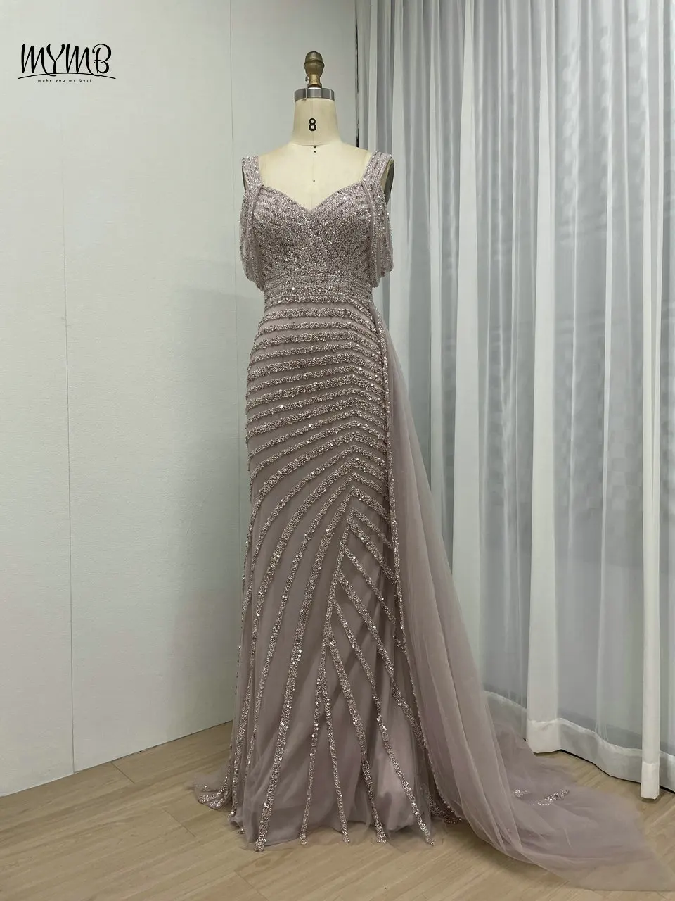 MYMB Off Shoulder Mermaid Arabic Luxury Evening Dresses for Wedding Party Exclusive Beaded Formal Occasion Gowns with Side Train