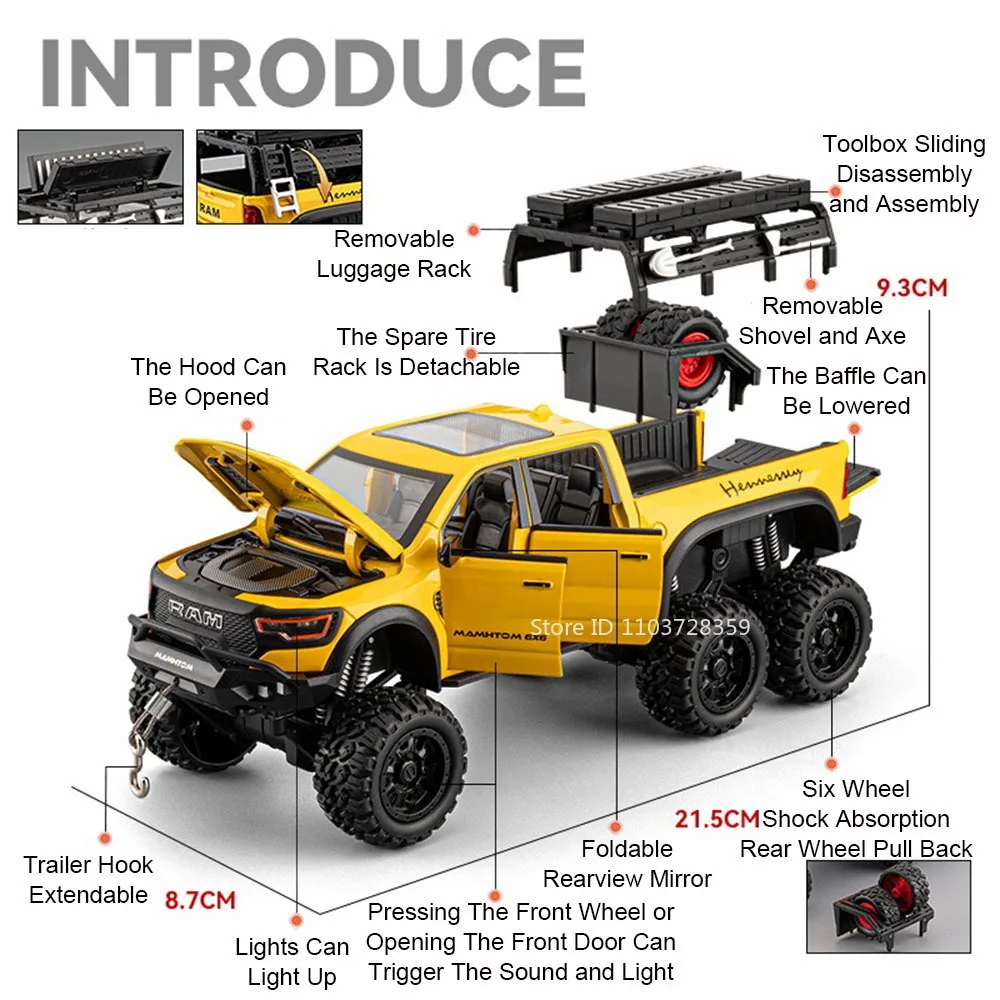 Escala 1:24 wrangler mamute veículo off-road modelo brinquedos liga diecast som luz portas abertas puxar para trás ornamento para crianças presentes