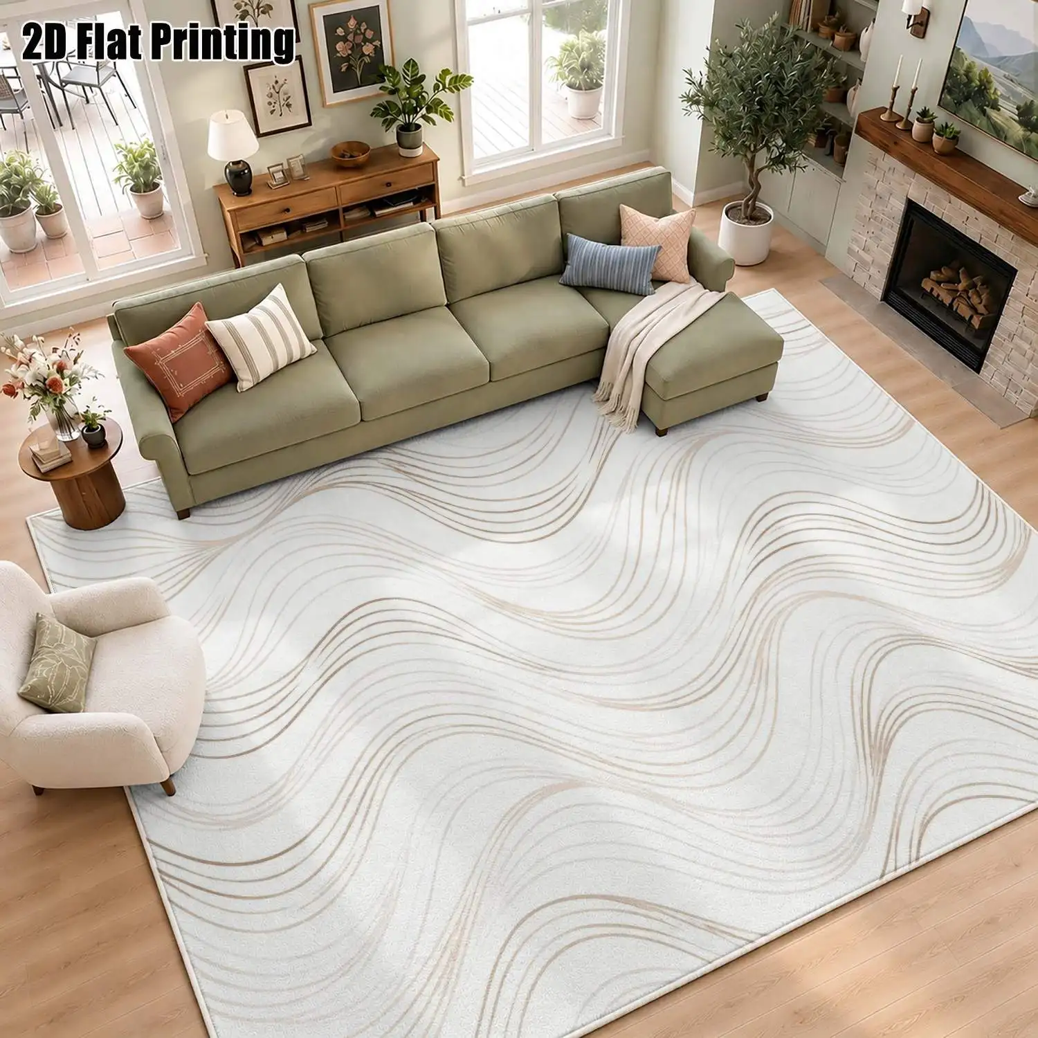 1Pc 2D Printed Velvet Carpet with Light Gold Lines & Abstract Patterns, Nordic/Instagram Style, Modern Minimalist Geometric Striped European Rug, Multi-Size Machine Washable Home Decor for Entrance, Dining, Foyer, Bedroom, Living Room