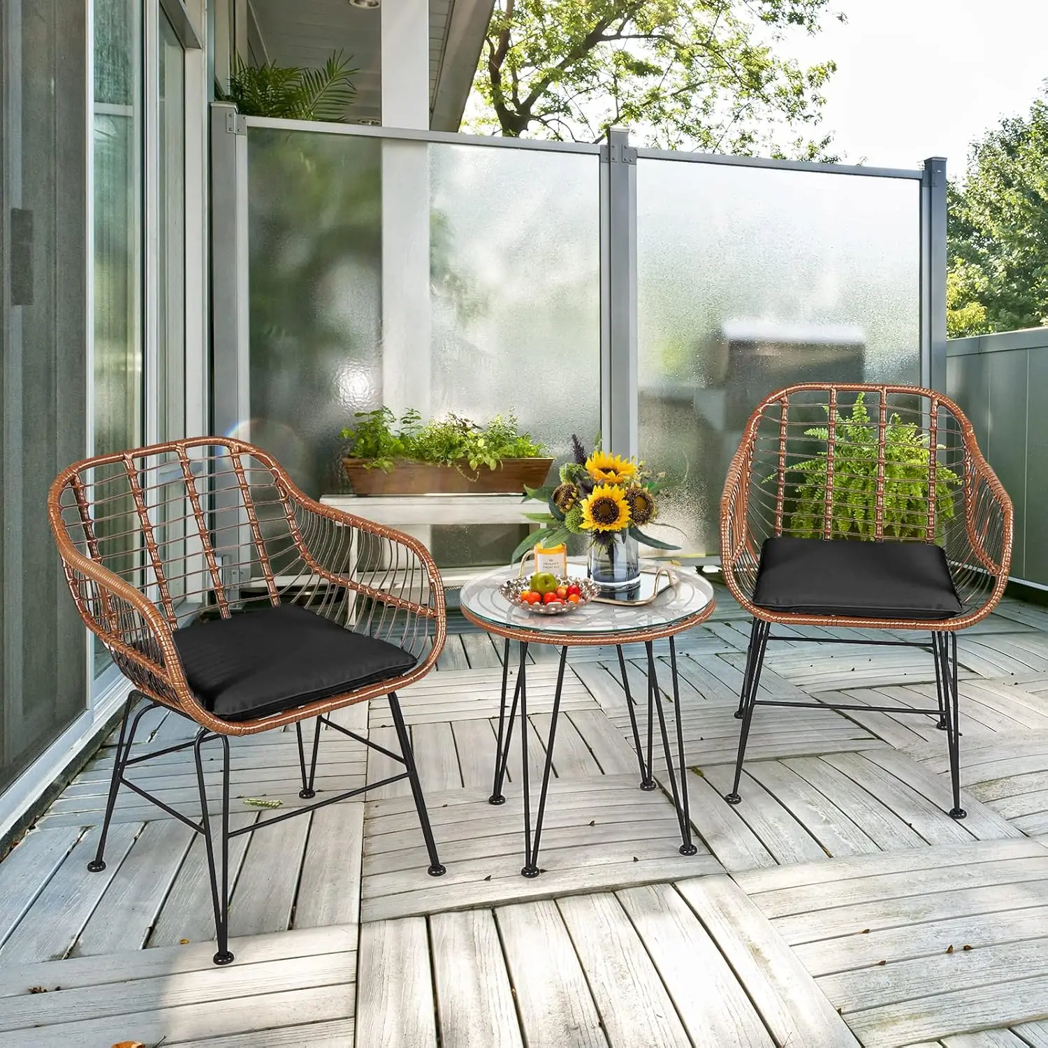 3-teiliges Patio-Gesprächs-Bistro-Set, Korb möbel im Freien mit rundem, gehärtetem Tisch und 2 Rattan sesseln (gelb)