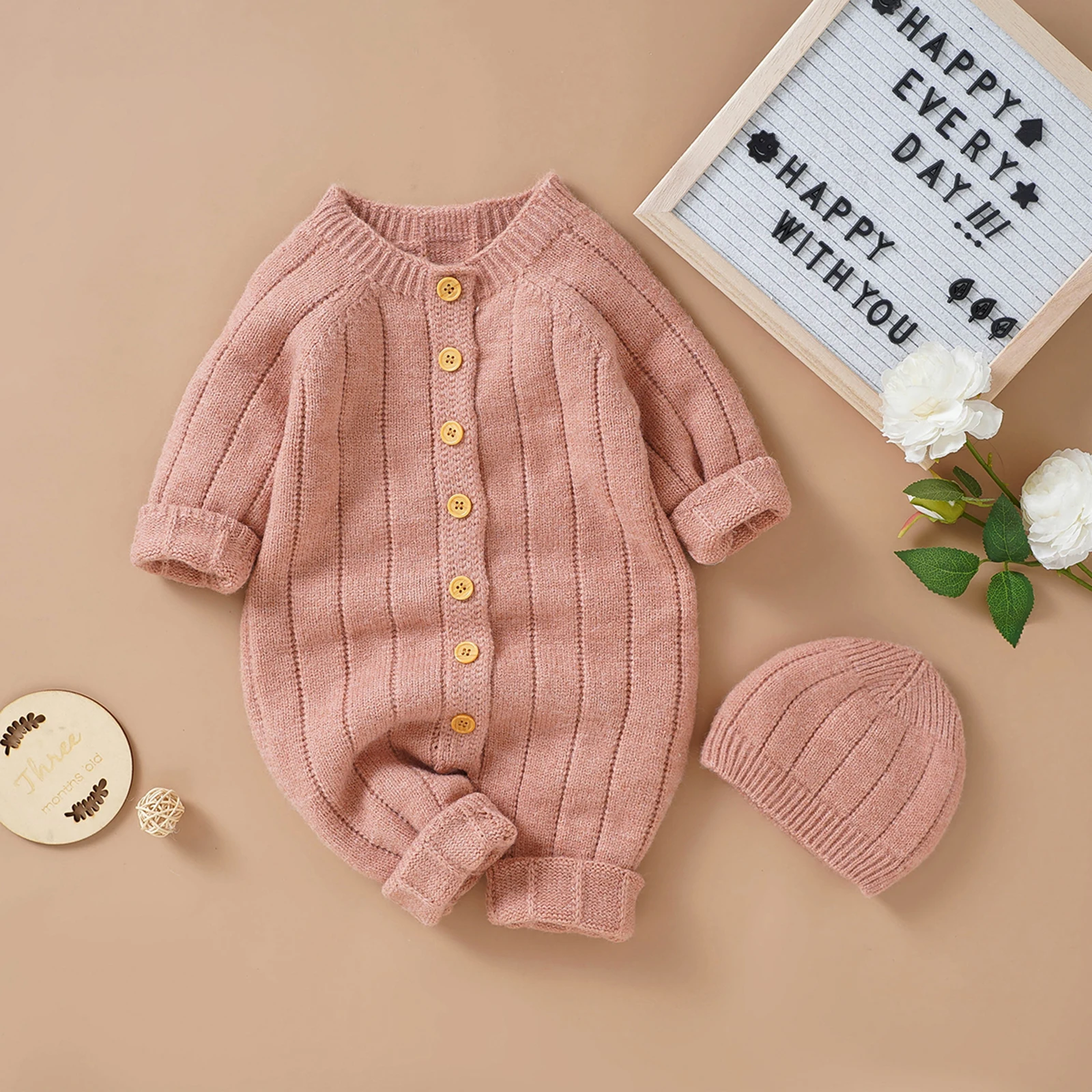 2022-06-29 Lioraitiin Infant Winter Jumpsuit and Cap, Solid Color Long Sleeve Single-breasted Knitted Romper, 0-18 Months