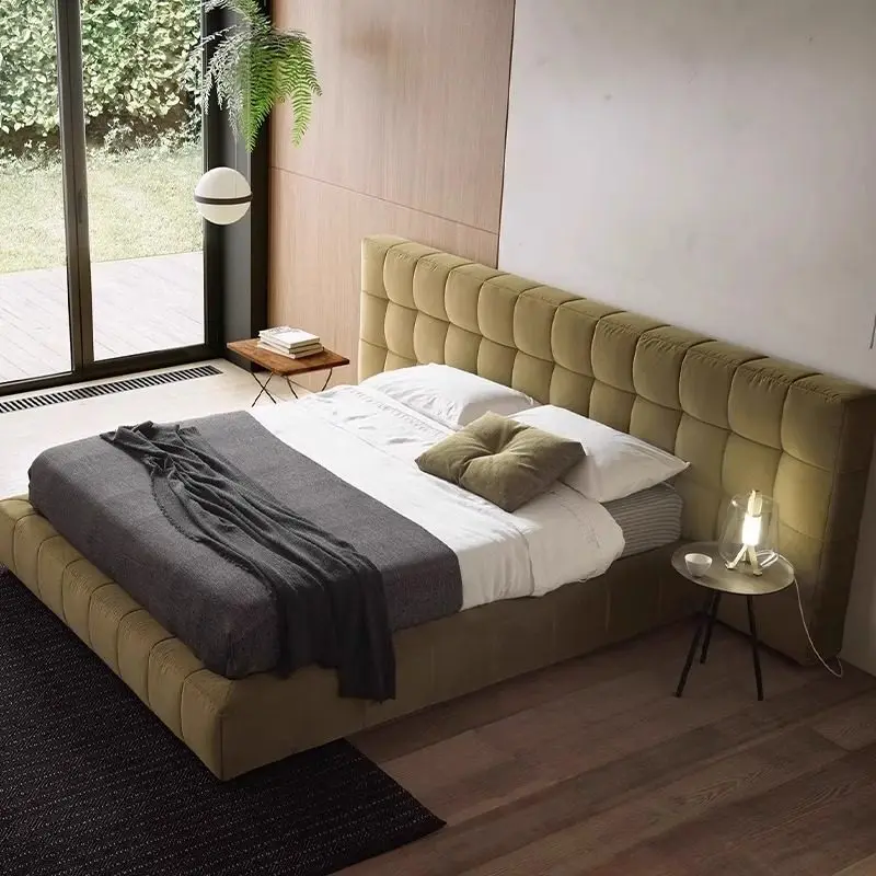 

High-end modern villa leather bed minimalist master bedroom high-end custom widescreen designer tofu block fabric double bed