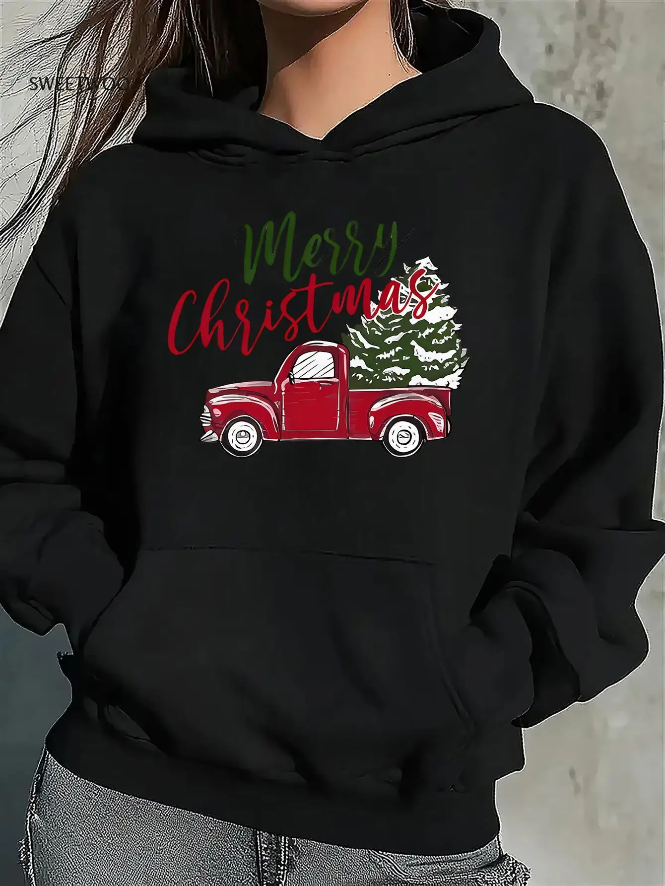 Women's Cozy Christmas Vintage Red Truck & Merry Christmas Lettering, Casual Holiday for Family Matching Outfits, All-Season